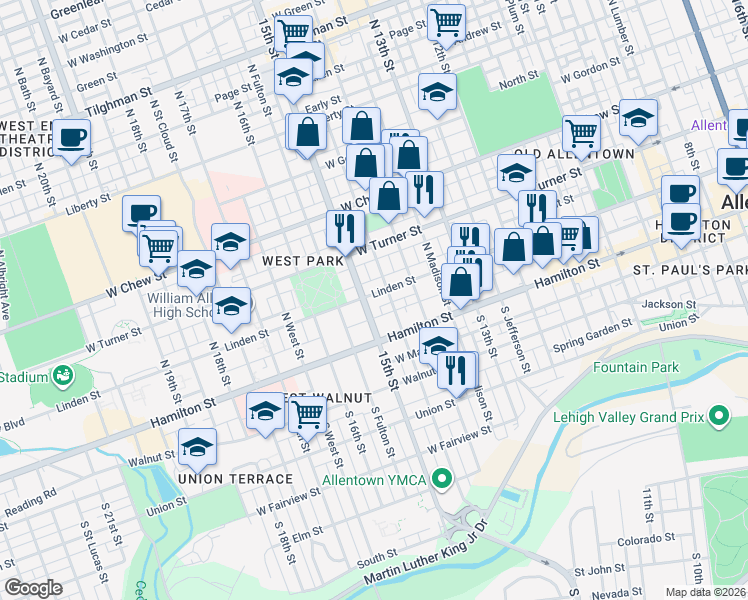 map of restaurants, bars, coffee shops, grocery stores, and more near 36 North Franklin Street in Allentown