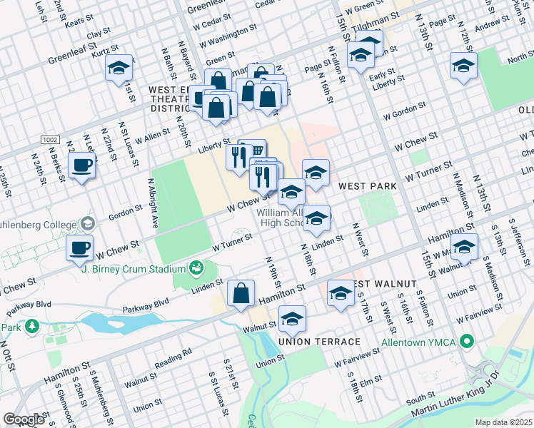 map of restaurants, bars, coffee shops, grocery stores, and more near 227 North 19th Street in Allentown