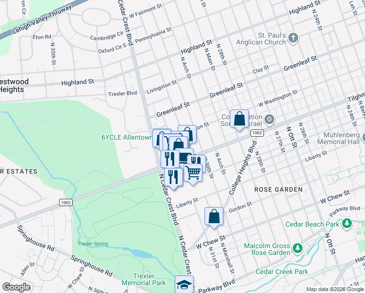 map of restaurants, bars, coffee shops, grocery stores, and more near 741 North 31st Street in Allentown