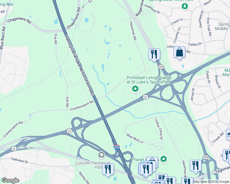 map of restaurants, bars, coffee shops, grocery stores, and more near 4828 Crackersport Road in Allentown