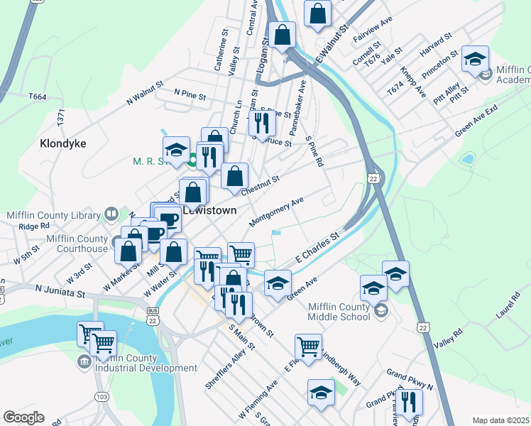 map of restaurants, bars, coffee shops, grocery stores, and more near 11 Montgomery Avenue in Lewistown