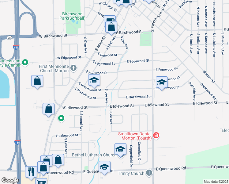 map of restaurants, bars, coffee shops, grocery stores, and more near 280 E Greenwood St in Morton
