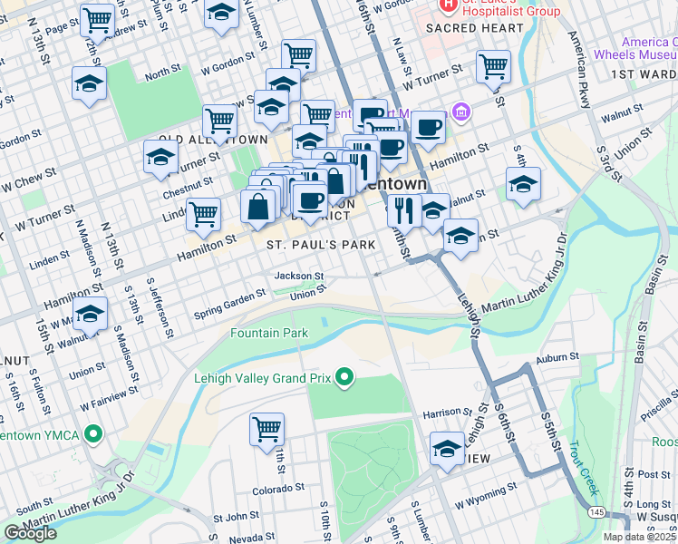 map of restaurants, bars, coffee shops, grocery stores, and more near 845 Jackson Street in Allentown