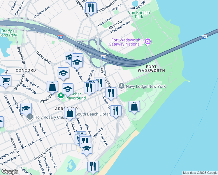 map of restaurants, bars, coffee shops, grocery stores, and more near 63 McClean Avenue in Staten Island