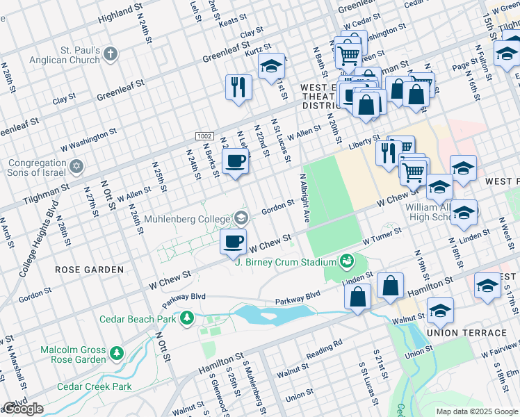 map of restaurants, bars, coffee shops, grocery stores, and more near 2235 Gordon Street in Allentown