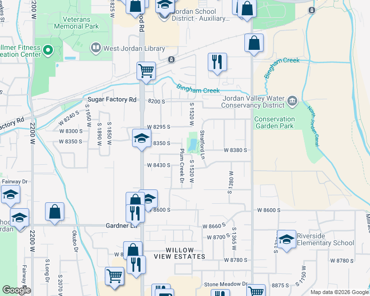 map of restaurants, bars, coffee shops, grocery stores, and more near 8371 Plum Creek Drive in West Jordan