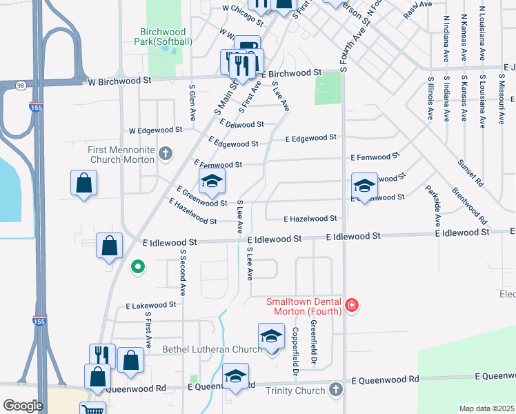 map of restaurants, bars, coffee shops, grocery stores, and more near 280 East Greenwood Street in Morton
