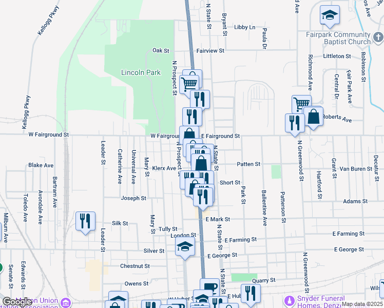 map of restaurants, bars, coffee shops, grocery stores, and more near 607 North Main Street in Marion