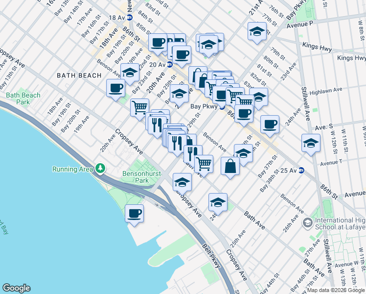 map of restaurants, bars, coffee shops, grocery stores, and more near 8750 Bay Parkway in Brooklyn