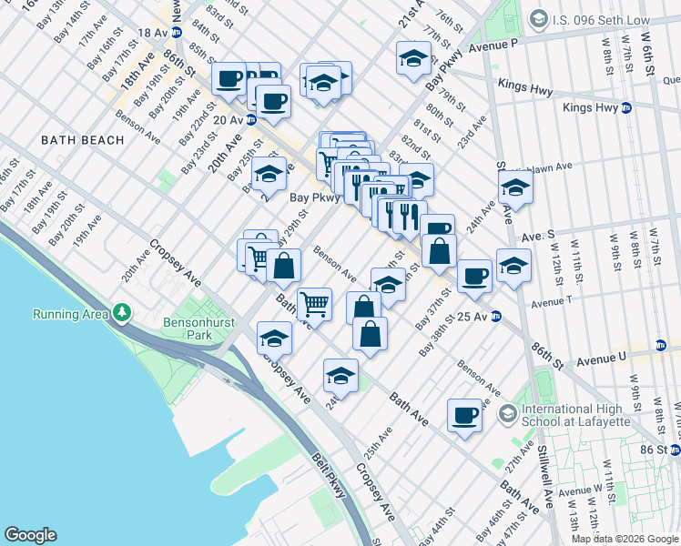 map of restaurants, bars, coffee shops, grocery stores, and more near 2260 Benson Avenue in Brooklyn