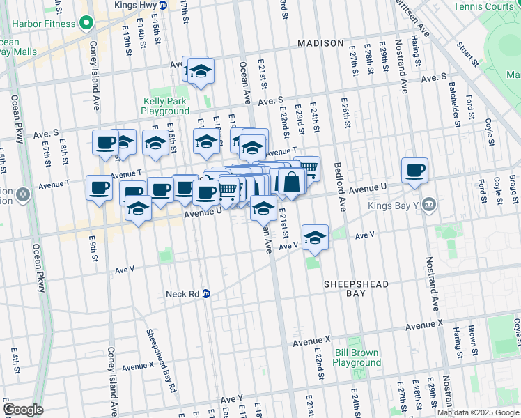 map of restaurants, bars, coffee shops, grocery stores, and more near 1928 Avenue U in Brooklyn