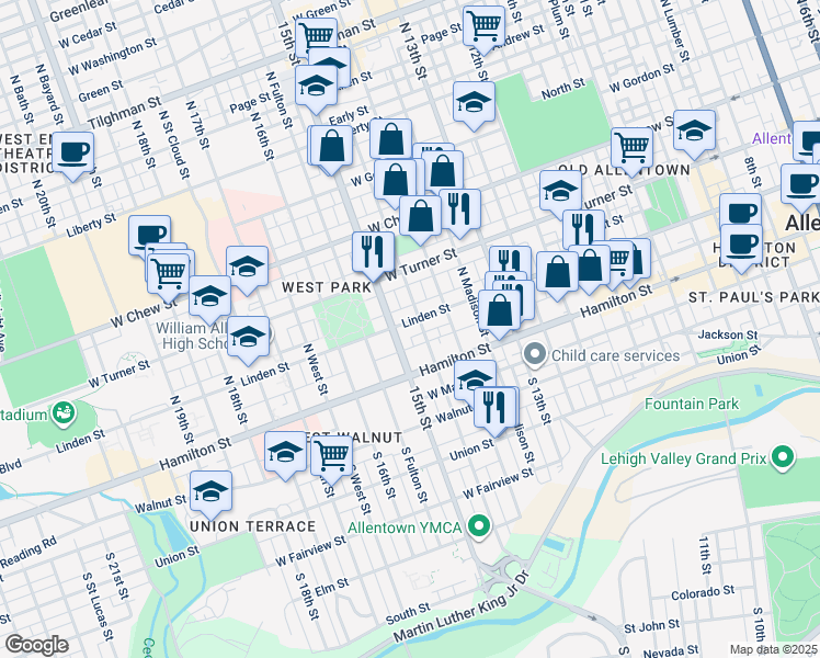 map of restaurants, bars, coffee shops, grocery stores, and more near 1440 Linden Street in Allentown