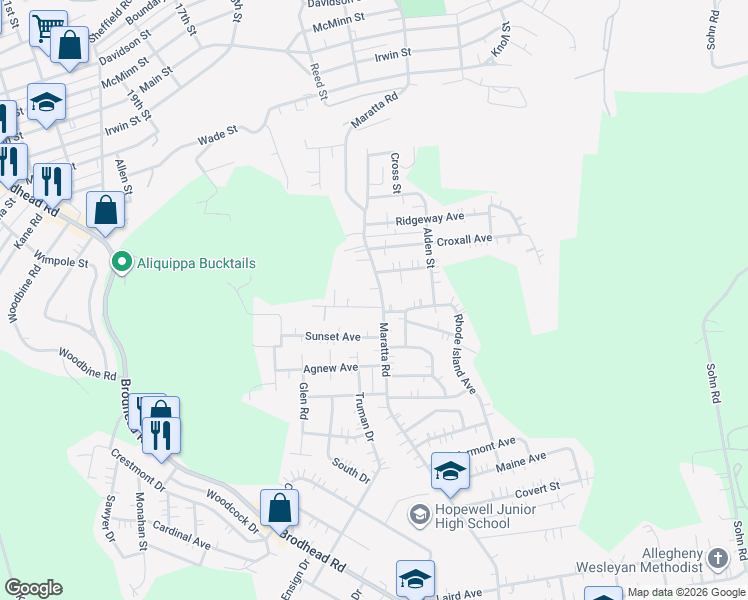 map of restaurants, bars, coffee shops, grocery stores, and more near 1545 Maratta Road in Aliquippa