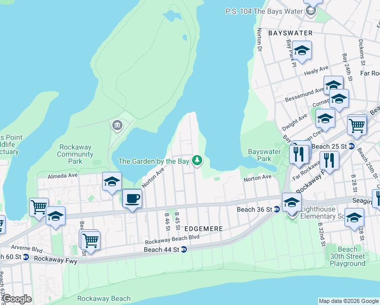 map of restaurants, bars, coffee shops, grocery stores, and more near 515 Beach 43rd Street in Queens