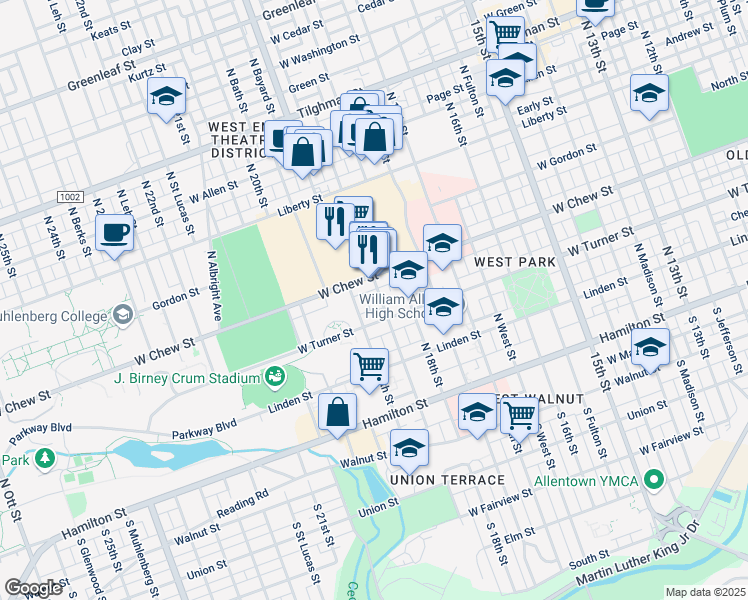 map of restaurants, bars, coffee shops, grocery stores, and more near 227 North 19th Street in Allentown