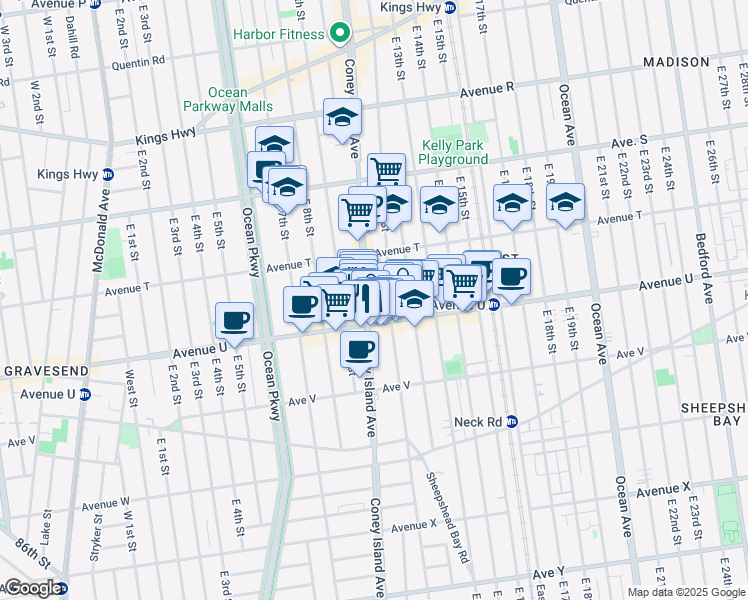 map of restaurants, bars, coffee shops, grocery stores, and more near 2361 Coney Island Avenue in Brooklyn