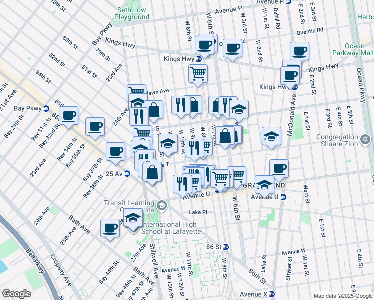 map of restaurants, bars, coffee shops, grocery stores, and more near 1971 West 10th Street in Brooklyn