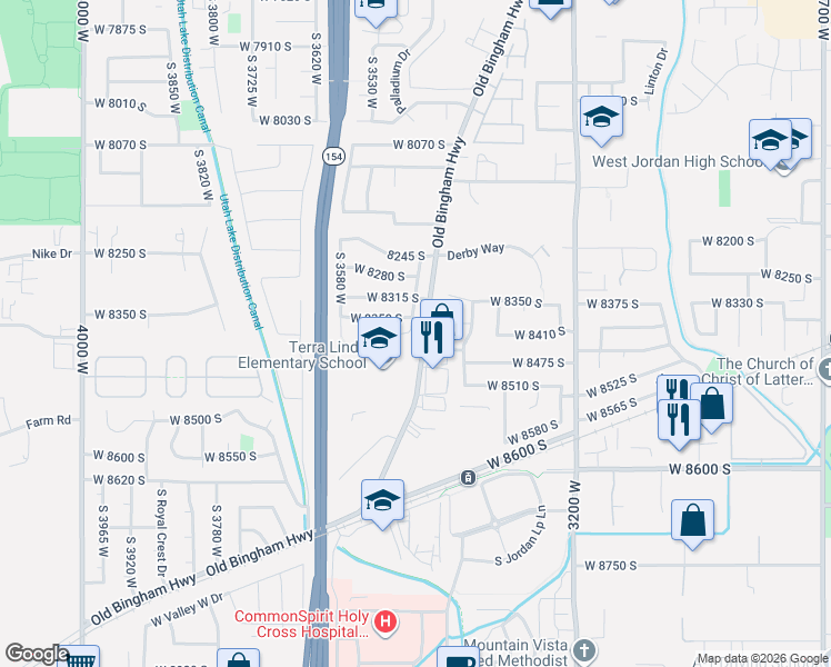 map of restaurants, bars, coffee shops, grocery stores, and more near 8376 Old Bingham Highway in West Jordan