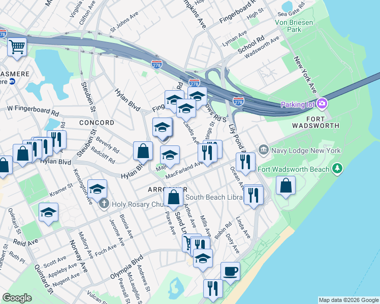 map of restaurants, bars, coffee shops, grocery stores, and more near 177 Major Avenue in Staten Island