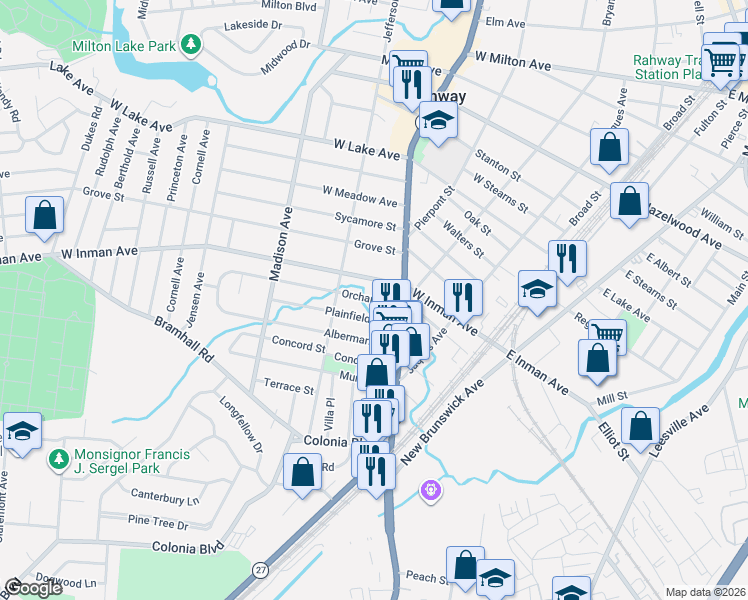 map of restaurants, bars, coffee shops, grocery stores, and more near 280 Orchard Street in Rahway