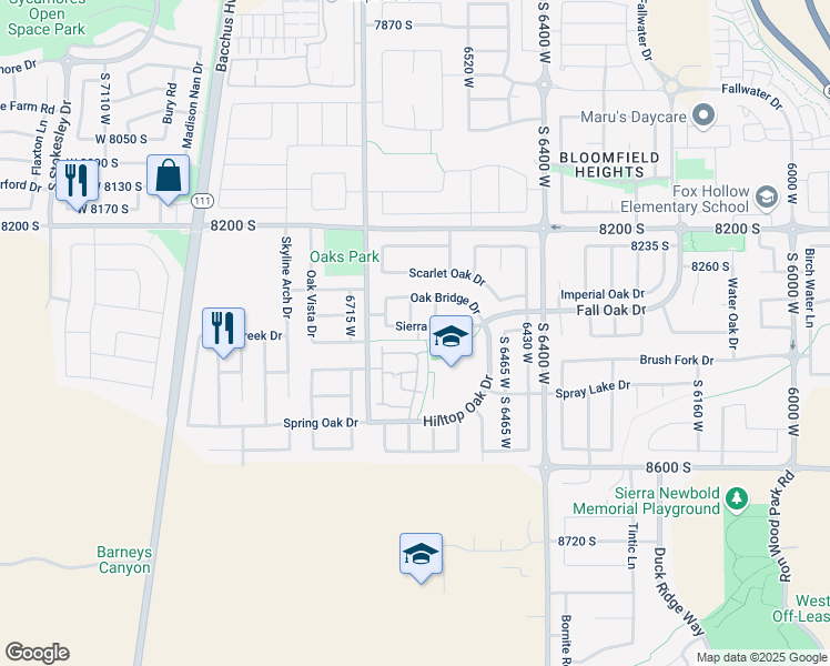 map of restaurants, bars, coffee shops, grocery stores, and more near 6617 Sierra Oaks Drive in West Jordan