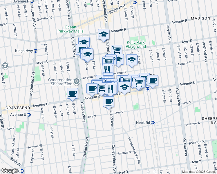 map of restaurants, bars, coffee shops, grocery stores, and more near 2059 East 9th Street in Brooklyn