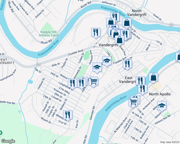 map of restaurants, bars, coffee shops, grocery stores, and more near 421 Hancock Avenue in Vandergrift