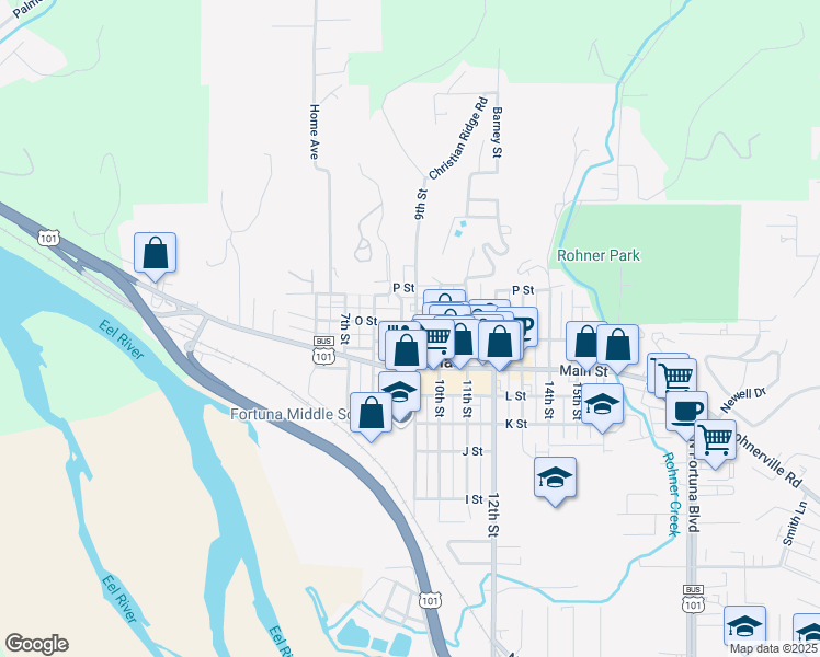 map of restaurants, bars, coffee shops, grocery stores, and more near 820 9th Street in Fortuna