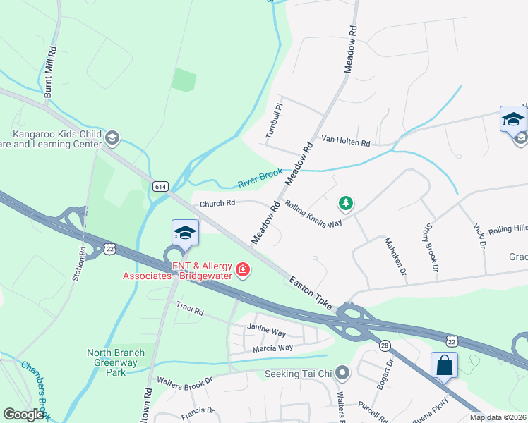 map of restaurants, bars, coffee shops, grocery stores, and more near 455 Meadow Road in Bridgewater Township
