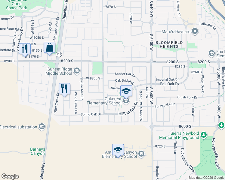 map of restaurants, bars, coffee shops, grocery stores, and more near 6633 Sierra Oaks Drive in West Jordan