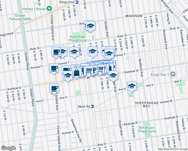 map of restaurants, bars, coffee shops, grocery stores, and more near 735 Avenue U in Brooklyn