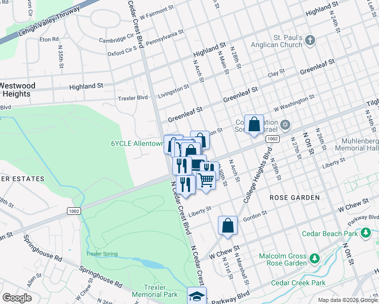 map of restaurants, bars, coffee shops, grocery stores, and more near 741 North 31st Street in Allentown
