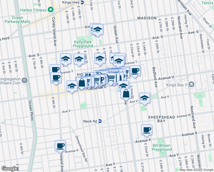 map of restaurants, bars, coffee shops, grocery stores, and more near 735 Avenue U in Brooklyn