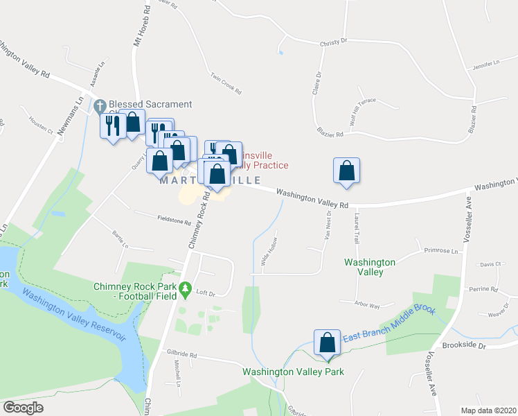 map of restaurants, bars, coffee shops, grocery stores, and more near 2020 Washington Valley Road in Bridgewater