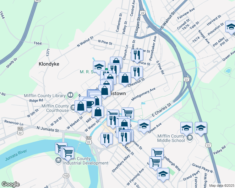 map of restaurants, bars, coffee shops, grocery stores, and more near 22 Chestnut Street in Lewistown
