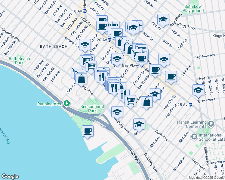 map of restaurants, bars, coffee shops, grocery stores, and more near 159 Bay 29th Street in Brooklyn