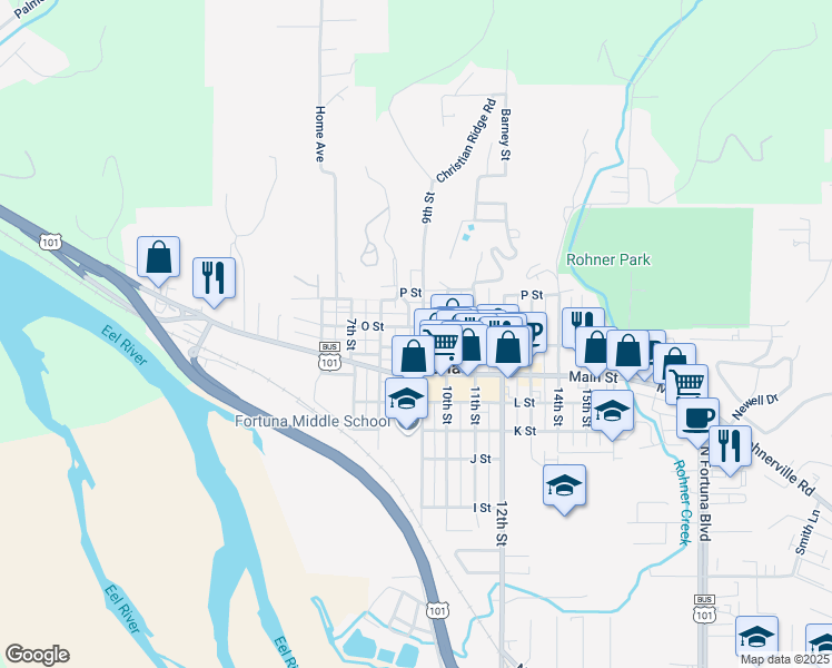 map of restaurants, bars, coffee shops, grocery stores, and more near 820 9th Street in Fortuna