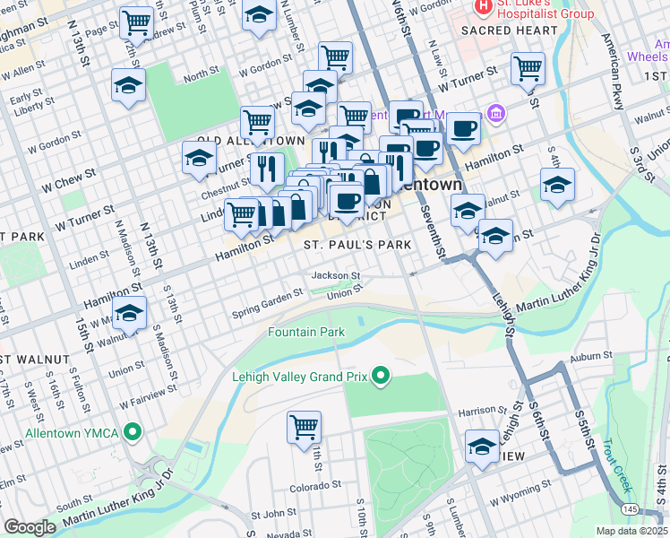 map of restaurants, bars, coffee shops, grocery stores, and more near 927 Jackson Street in Allentown