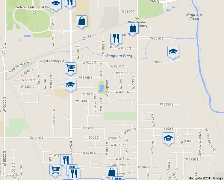 map of restaurants, bars, coffee shops, grocery stores, and more near 1452 West 8380 South in West Jordan