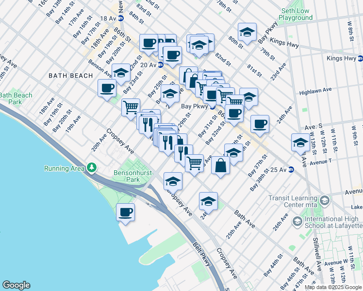 map of restaurants, bars, coffee shops, grocery stores, and more near 8735 Bay Parkway in Brooklyn