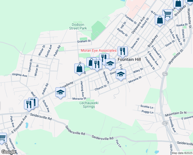 map of restaurants, bars, coffee shops, grocery stores, and more near 1413 Sioux Street in Fountain Hill