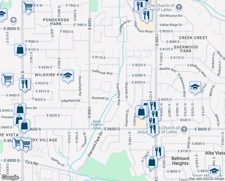 map of restaurants, bars, coffee shops, grocery stores, and more near 8373 South 1100 East in Sandy