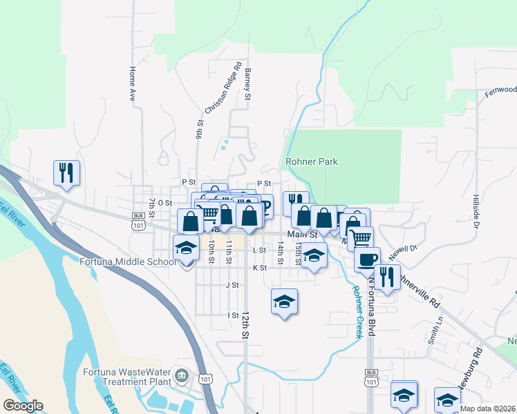 map of restaurants, bars, coffee shops, grocery stores, and more near 806 13th Street in Fortuna