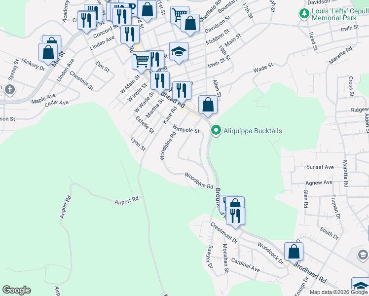 map of restaurants, bars, coffee shops, grocery stores, and more near 2499 Wigwam Road in Aliquippa