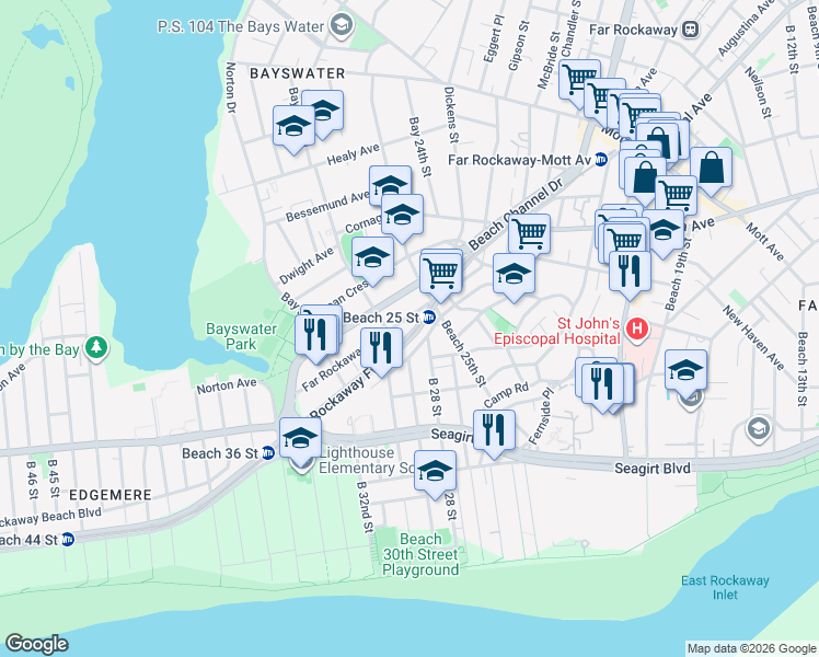 map of restaurants, bars, coffee shops, grocery stores, and more near 25-33 Far Rockaway Boulevard in Queens
