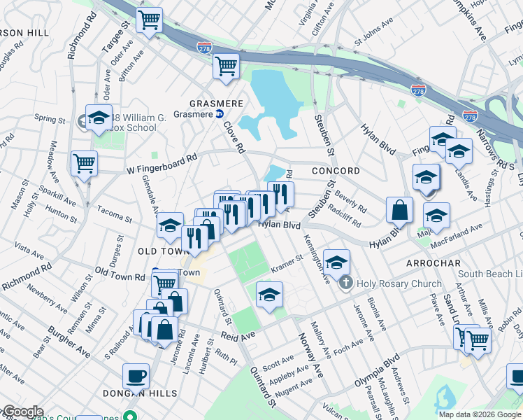 map of restaurants, bars, coffee shops, grocery stores, and more near 1139 Hylan Boulevard in Staten Island