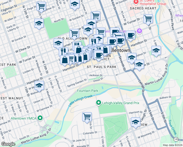 map of restaurants, bars, coffee shops, grocery stores, and more near 968 Jackson Street in Allentown