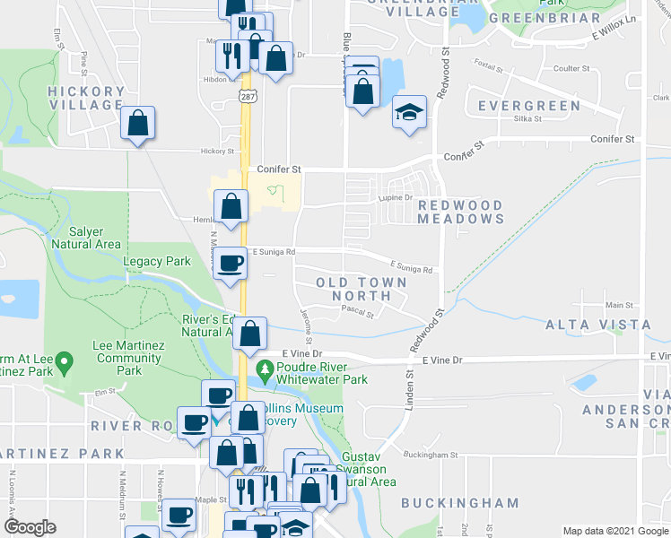 map of restaurants, bars, coffee shops, grocery stores, and more near 909 Blondel Street in Fort Collins