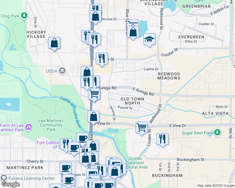 map of restaurants, bars, coffee shops, grocery stores, and more near 227 Osiander Street in Fort Collins