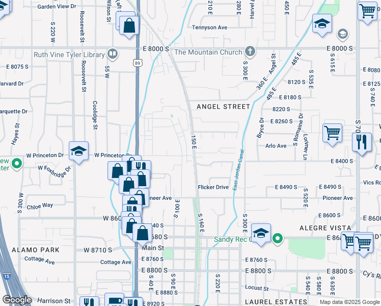 map of restaurants, bars, coffee shops, grocery stores, and more near 8300 150 East in Sandy